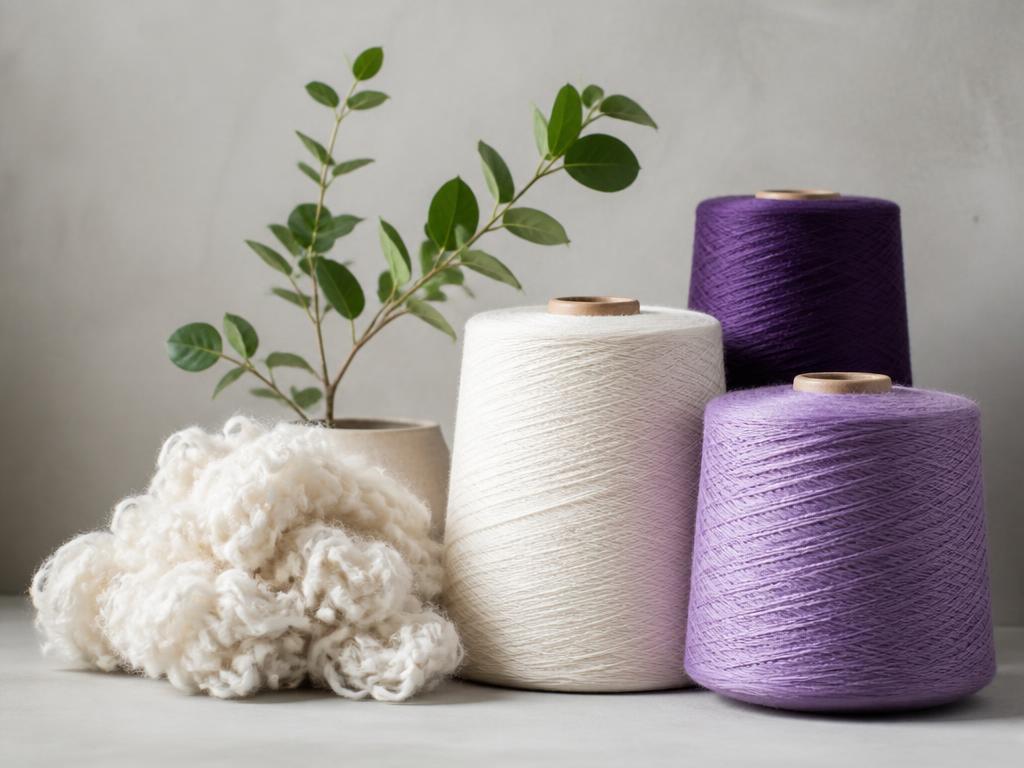 Recycled yarn cones and organic cotton fibre beside a green plant