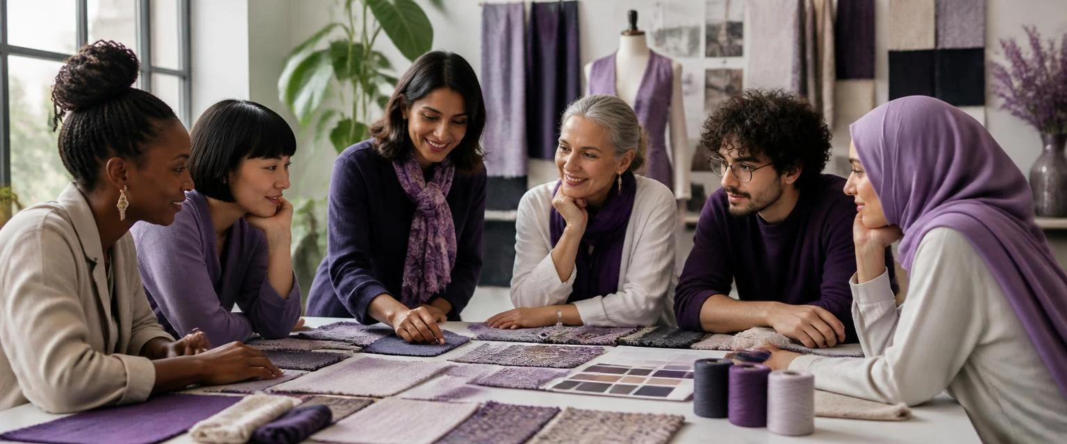 Textile professionals reviewing fabric samples together in a workshop