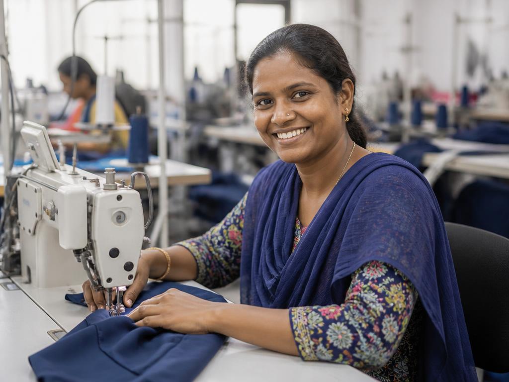 Garment worker at a modern, well-lit sewing station in a clean factory