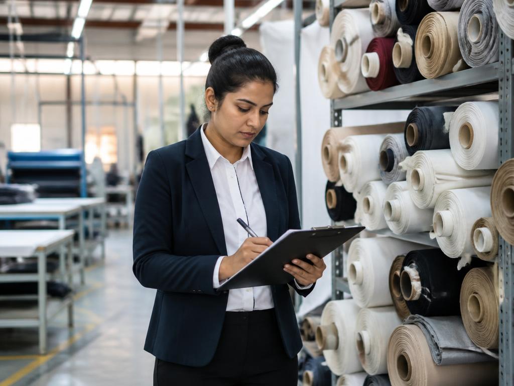 Auditor reviewing supplier records beside shelves of fabric rolls in a factory