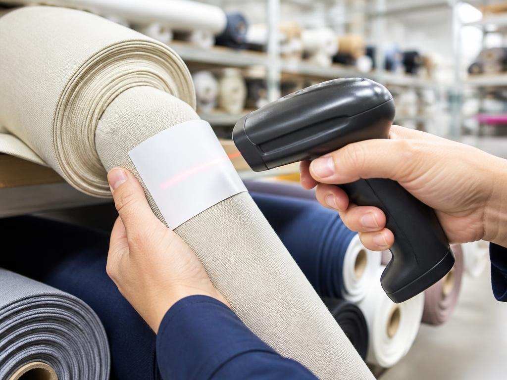Fabric roll label being scanned for supply chain traceability
