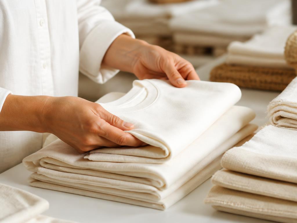 Hands inspecting folded organic cotton garments in a clean workshop