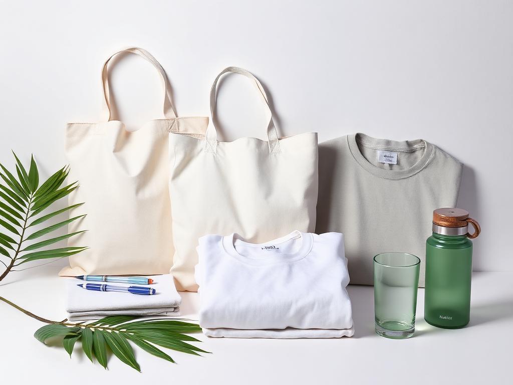 Sustainable merchandise including tote bags, organic cotton apparel, and reusable drinkware